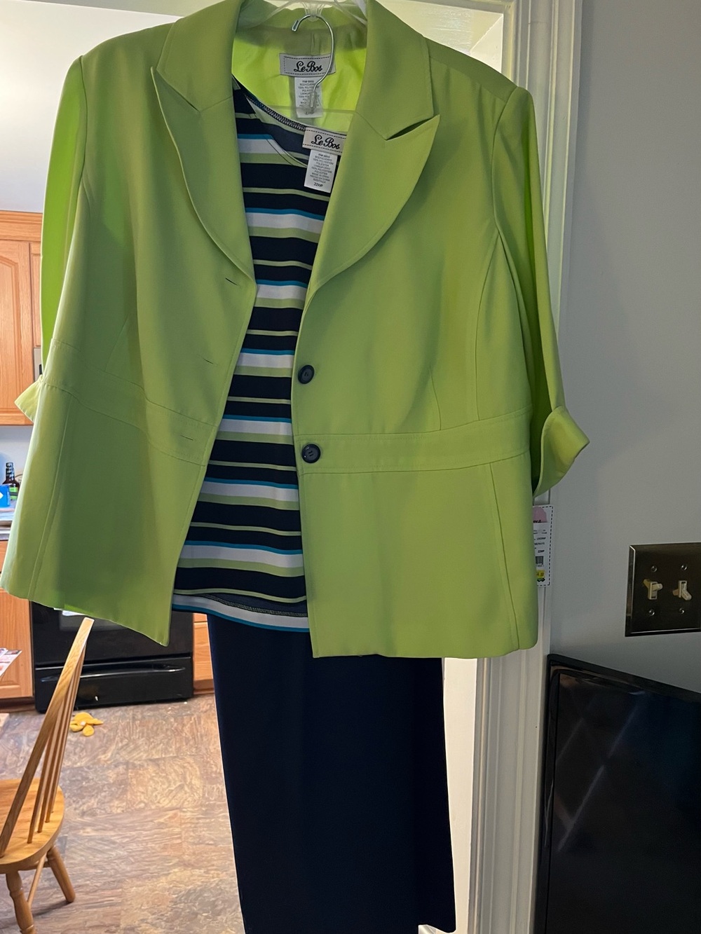 Le Bos Lime Green Blazer with Striped Shell and Navy pants